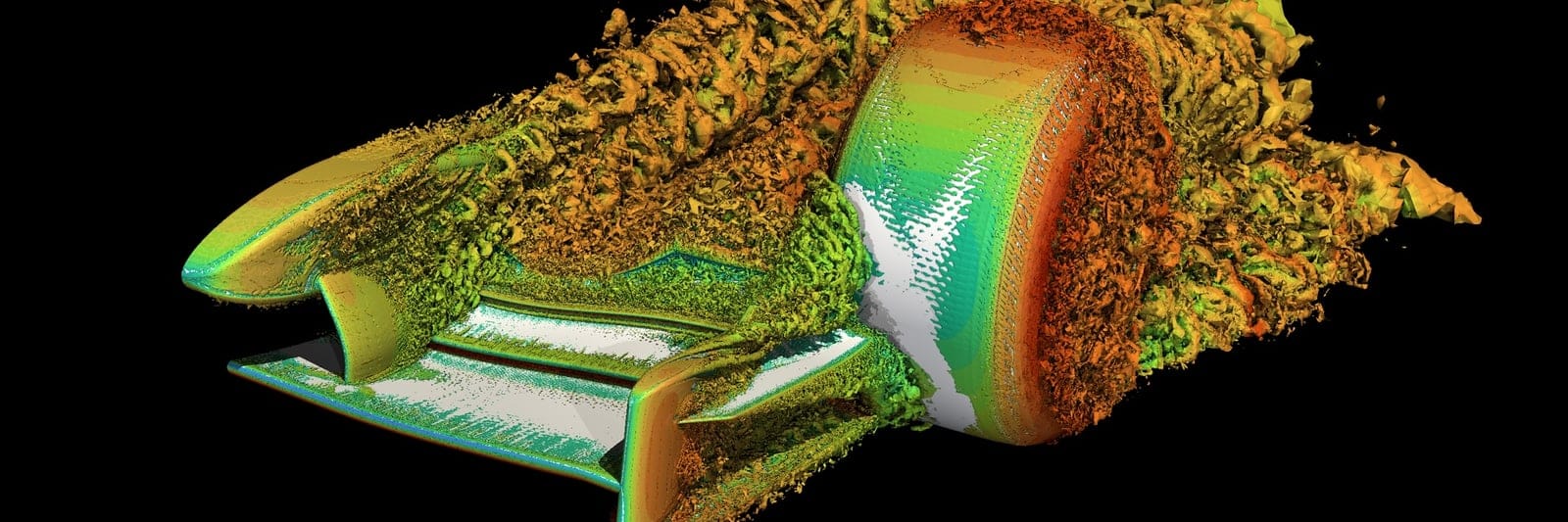 Scale-resolving simulation of a Formula One front wing and wheel, showing vortical structures shed into the wake
