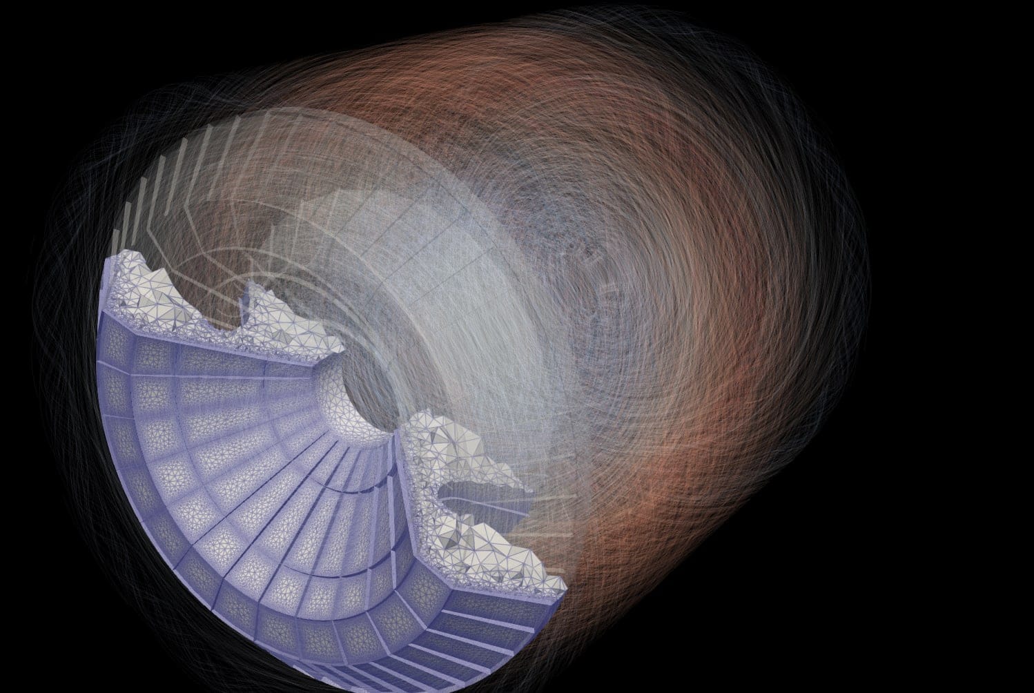 Simulation of the MAST tokamak: magnetic field lines traced over a cutaway of the reactor geometry and its mesh