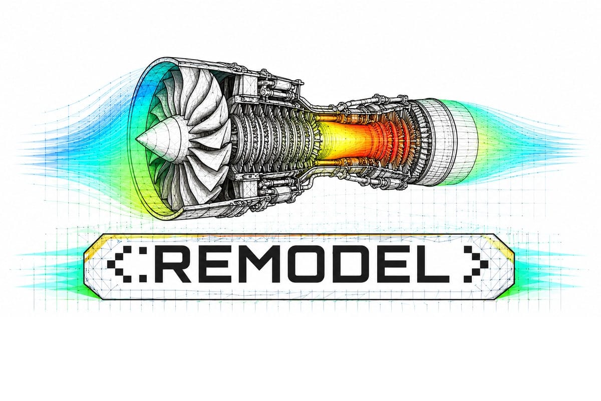 The REMODEL project logo: a cutaway drawing of a jet engine over coloured flow streamlines, above the project name.