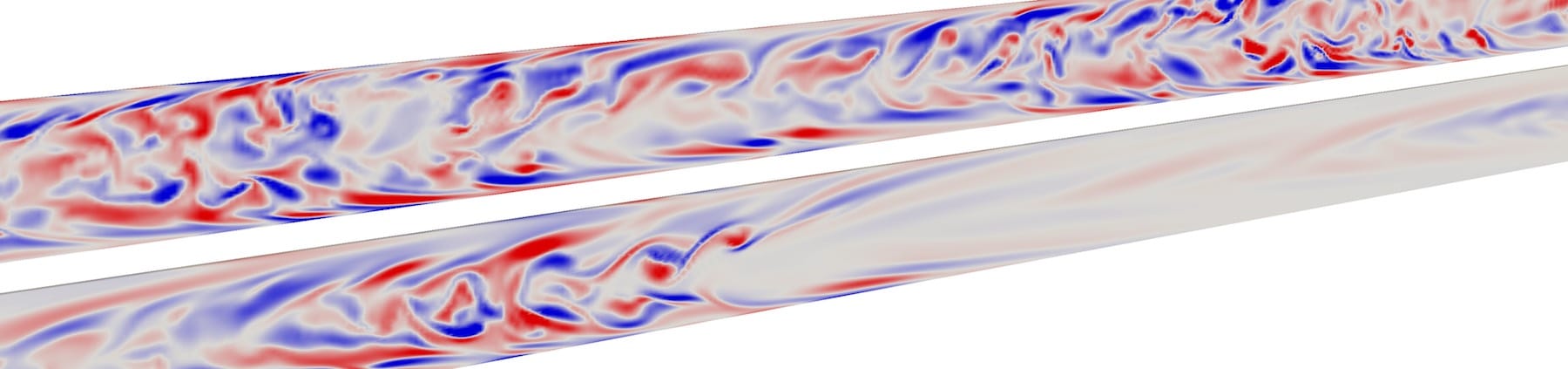 Simulation of transitional flow in a pipe, showing alternating laminar and turbulent regions