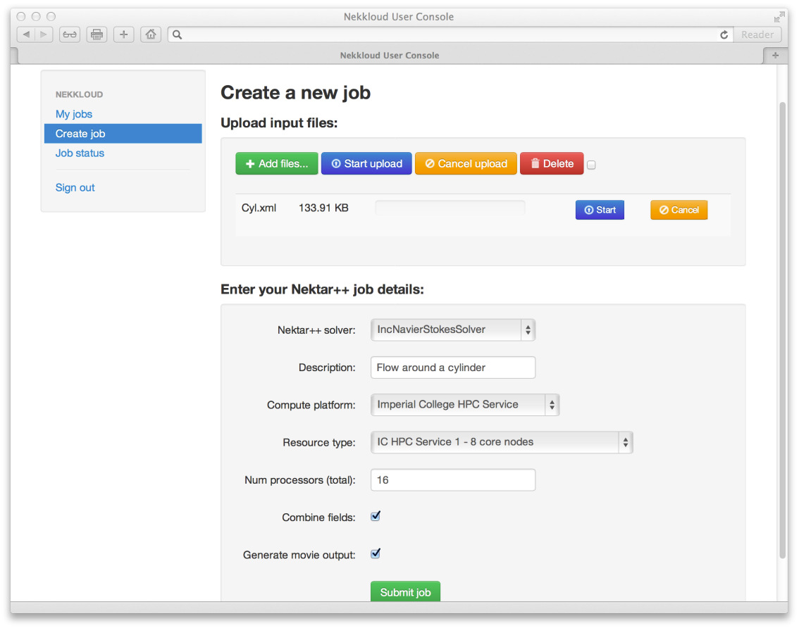 The Nekkloud job creation page, where a user configures and submits a Nektar++ job to run on a chosen cluster or cloud platform.