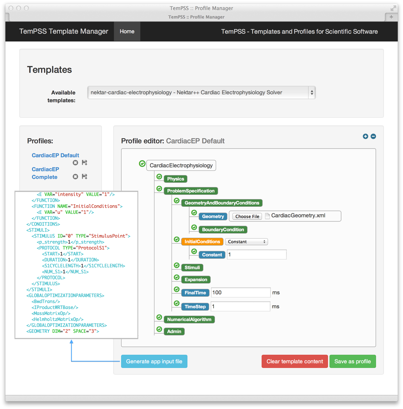 The TemPSS profile manager interface, showing a completed profile for a cardiac electrophysiology solver.