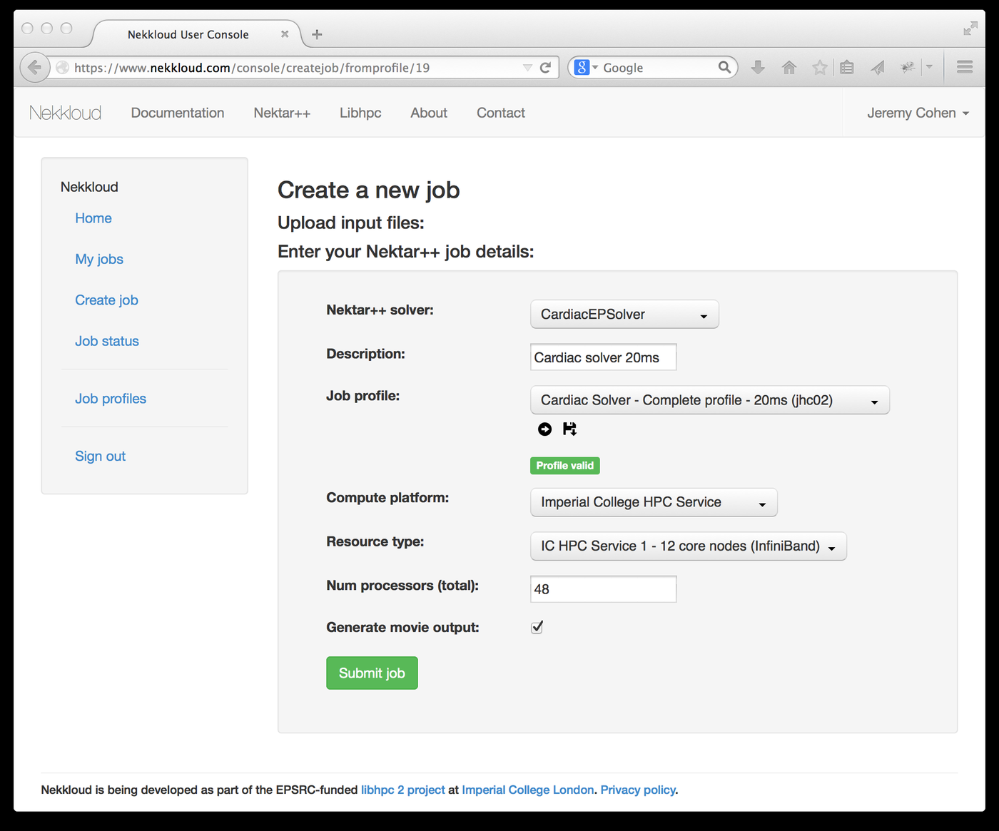 The Nekkloud job submission page, which lets users specify and deploy a Nektar++ job on a chosen compute platform.