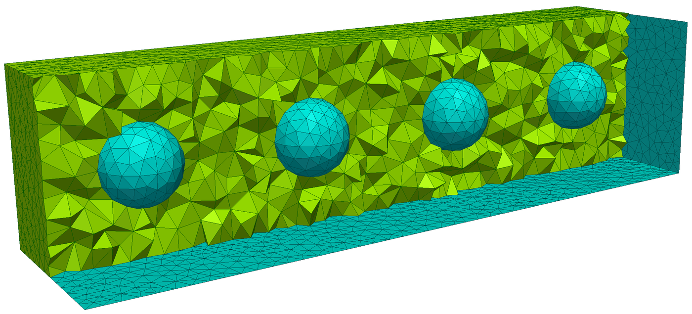A stack of spheres in a cuboid, meshed with tetrahedral elements: the synthetic test case used to benchmark the optimiser across thread counts.