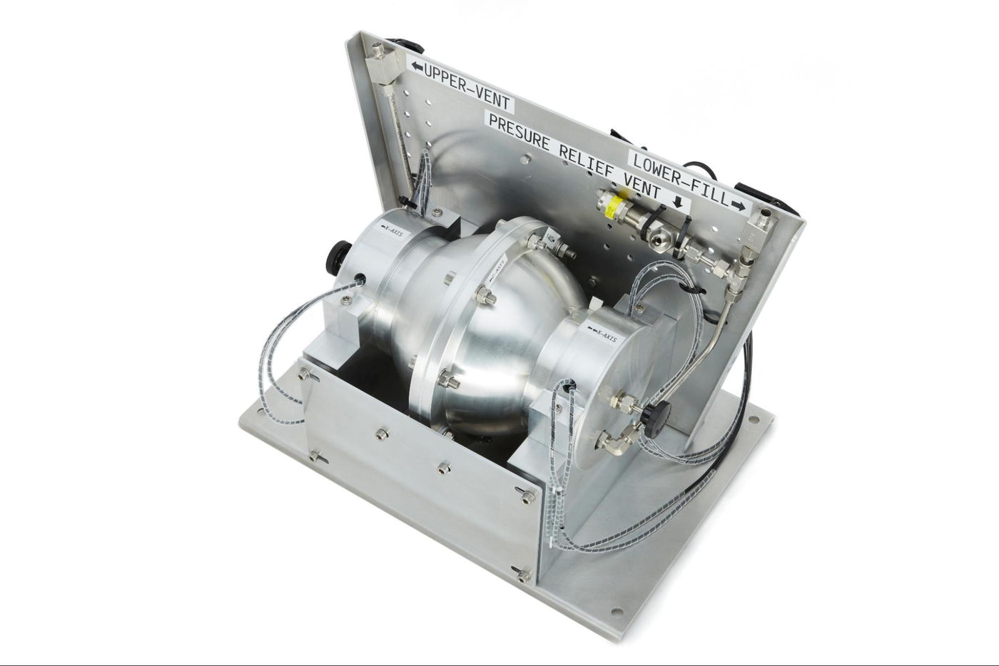 The flight-ready SMARTTS tank, with its electrical capacitance tomography electrodes and instrumentation, as used for parabolic flight and the cryogenic submersion tests described in the paper.