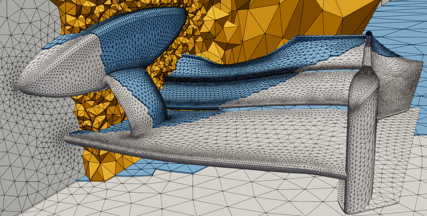 A linear mesh of the Imperial Front Wing generated directly from the CAD BRep, ready for curving: the surface mesh in grey, the prism boundary layers in blue and the tetrahedra in yellow.