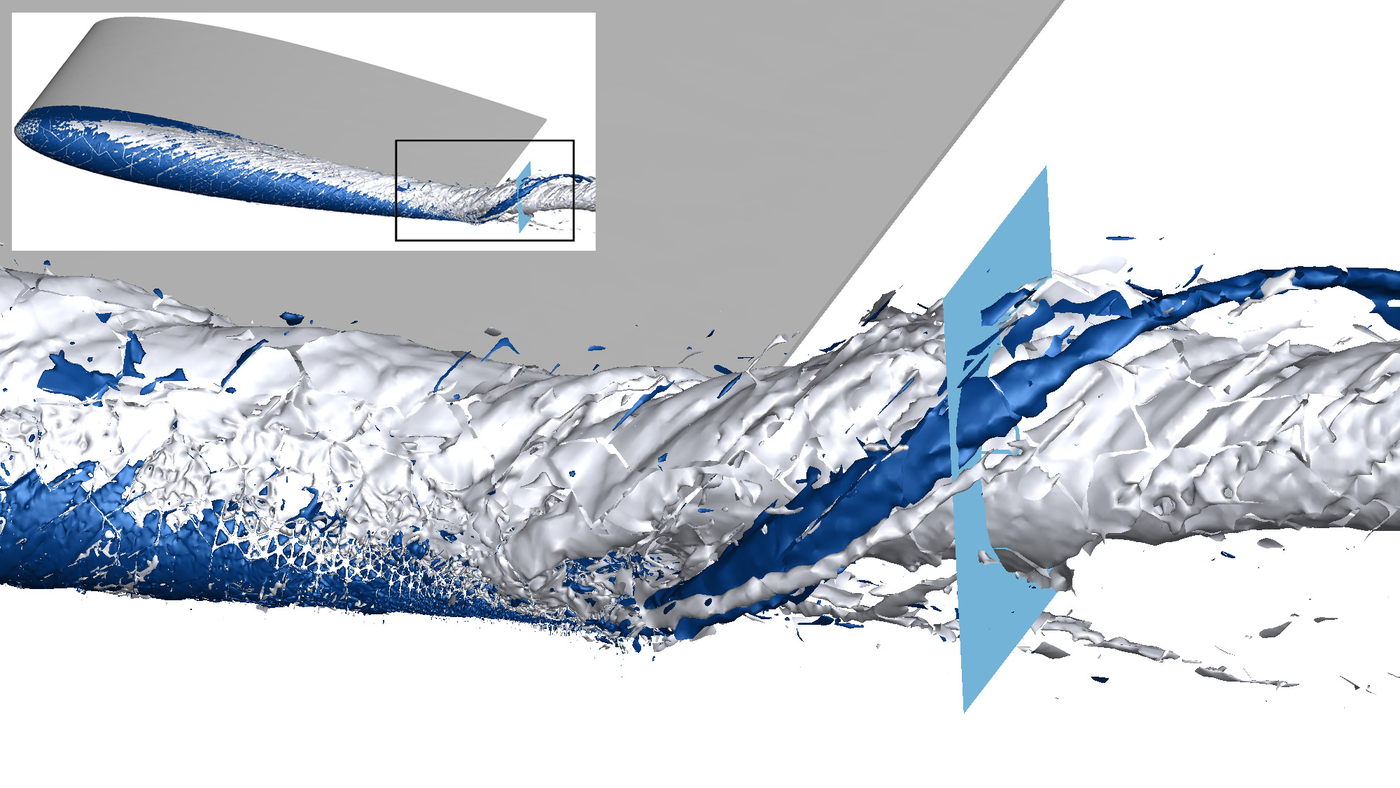 Contours of iso-helicity showing the interaction between the primary vortex (light grey) and a secondary vortex of opposite rotational sense (blue), with the crossflow plane used for comparison against experiment.