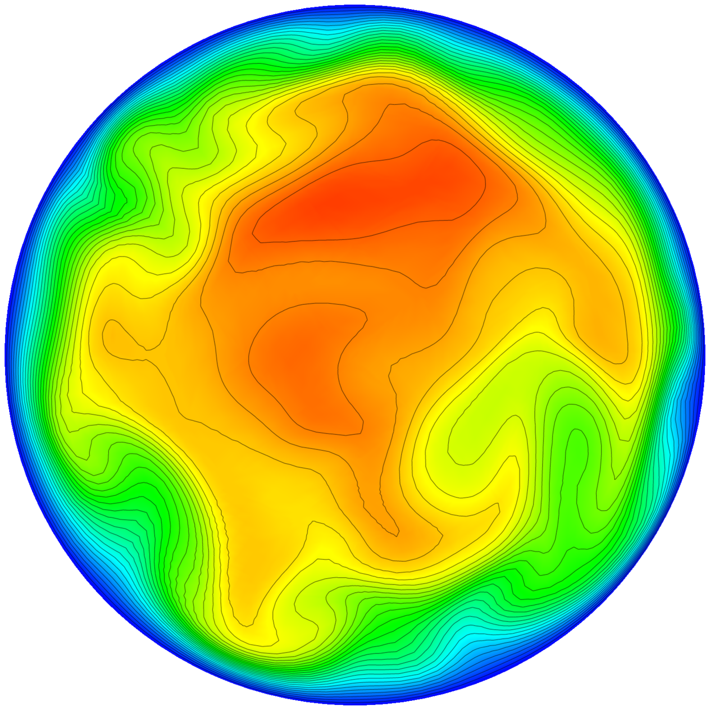 Contours of the streamwise velocity through a circular cross-section of a pipe: a snapshot of a highly fluctuating turbulent flow at Re = 3000, contrasted in the thesis with the steady, unchanging laminar case.