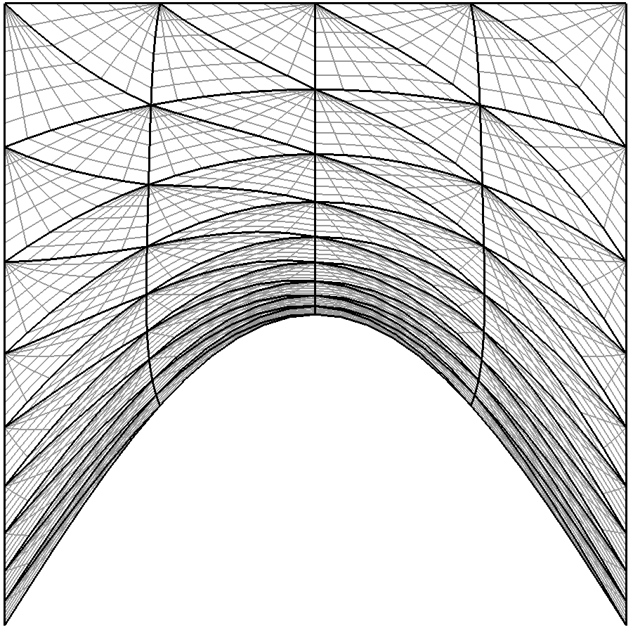 Application of the mesh deformation analogy to a prototype boundary-layer mesh: the final deformed grid after 100 steps, with the high-order elements highlighted in dark lines and interior quadrature points in light lines.