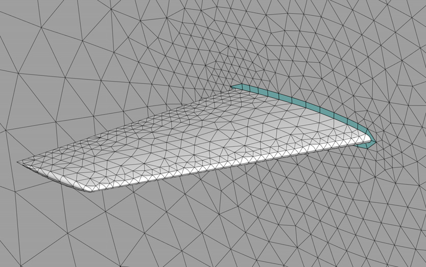 Surface mesh of a NACA 0012 wing geometry at polynomial order 5, with the coarse prismatic boundary layer highlighted in blue.