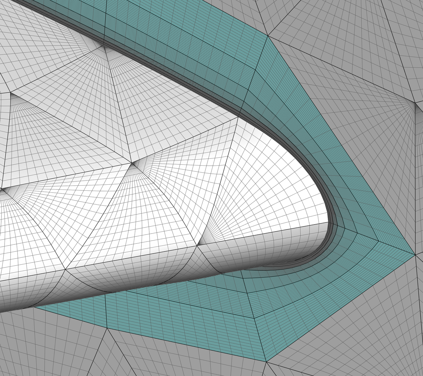 Enlargement of the initial coarse mesh near the leading edge, demonstrating the splitting of the boundary layer into prismatic elements at polynomial order 15.