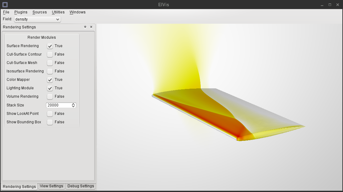 ElVis's graphical user interface, showing a visualisation of density on an ONERA M6 wing.