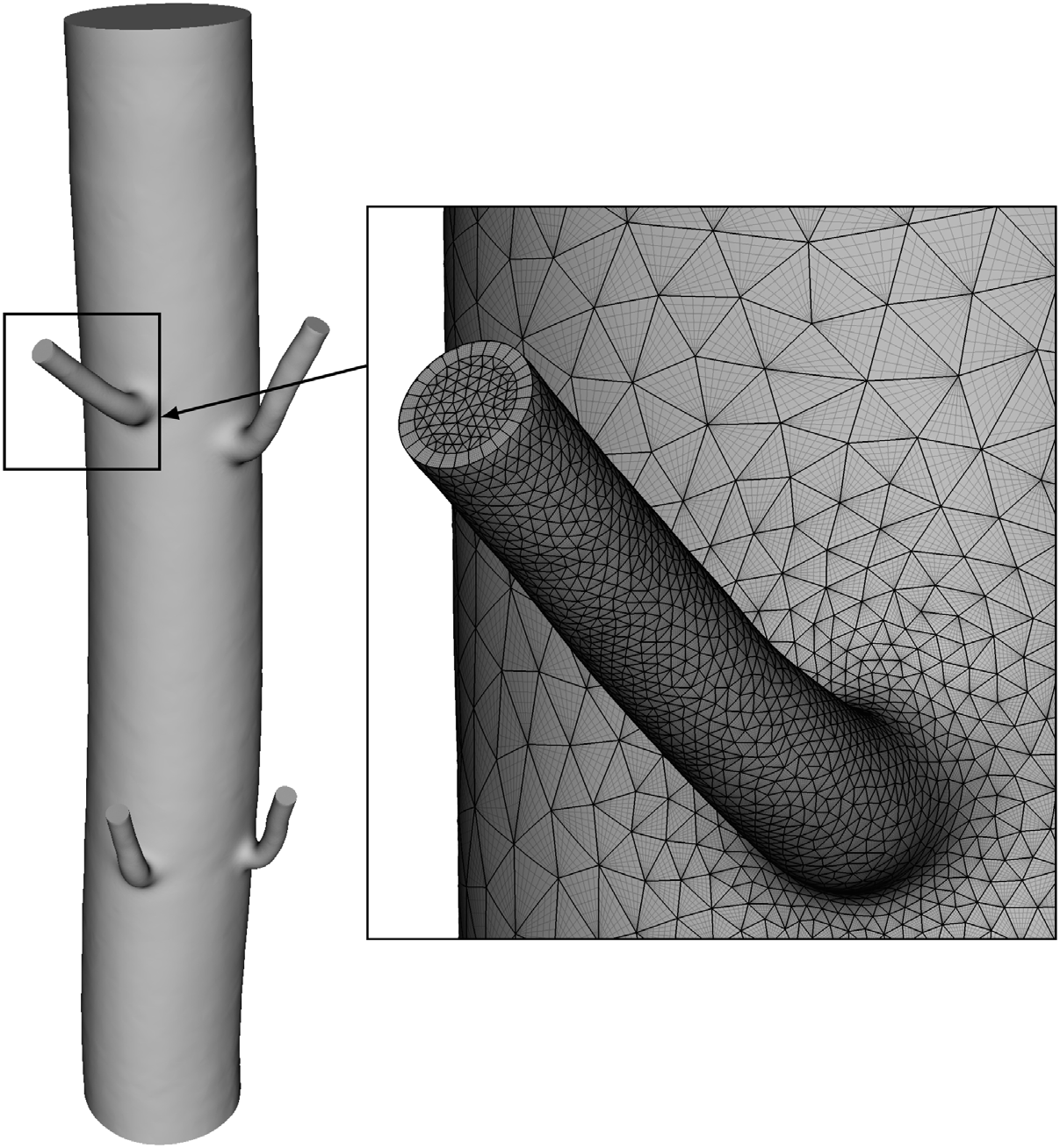 The branching pipe mesh used in the performance study, with the inset showing the mesh detail near the branch and the collapsed coordinates inside the triangles.