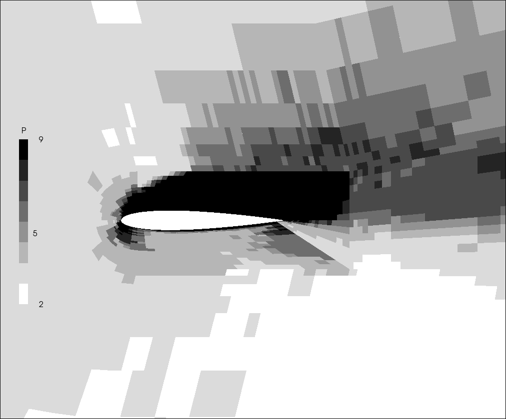 Detail near the leading edge of the polynomial order distribution obtained for incompressible flow around a NACA 0012 profile at Re = 50,000 and α = 15°.