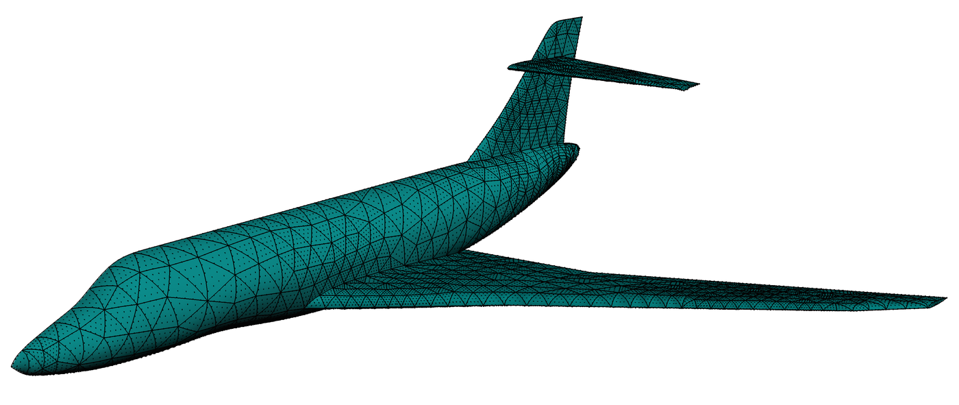 Surface mesh of an aircraft geometry, produced by the automatic mesh sizing specification process.
