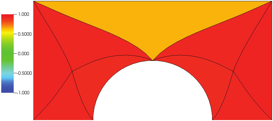 A quarter-annulus test case optimised using the hyperelastic analogy, coloured by the scaled Jacobian of the resulting mesh.