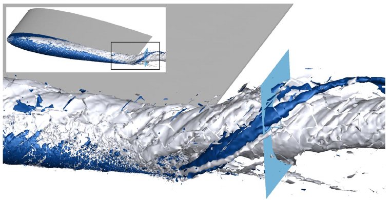 Implicit large-eddy simulation of a wingtip vortex using a high-order hp/spectral element solver, motivating the accurate treatment of boundary conditions this paper addresses.
